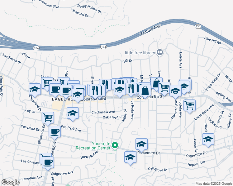 map of restaurants, bars, coffee shops, grocery stores, and more near 1823 Colorado Boulevard in Los Angeles