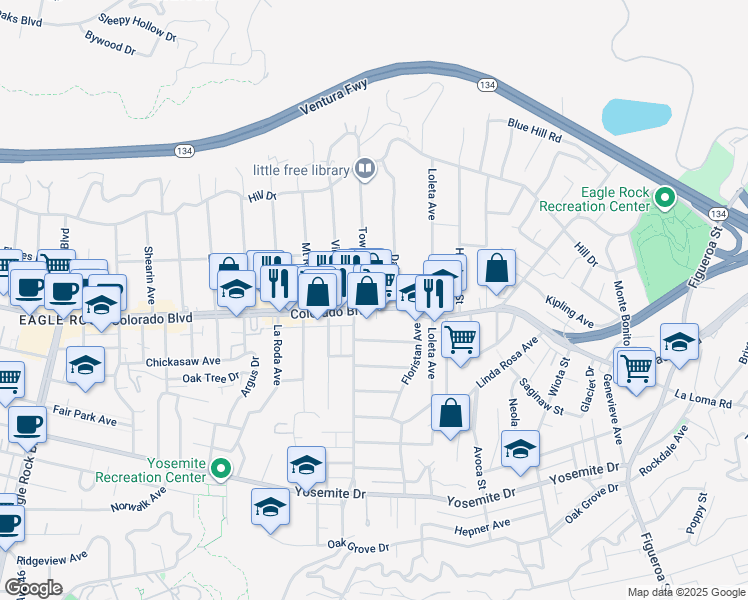 map of restaurants, bars, coffee shops, grocery stores, and more near 5111 Dahlia Drive in Los Angeles