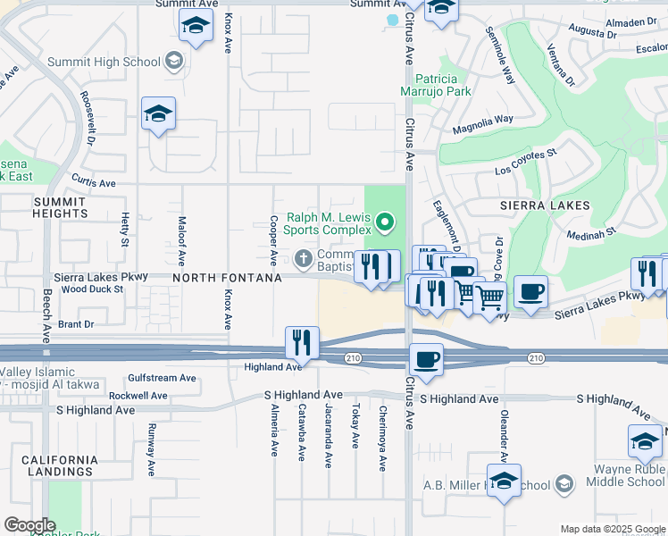map of restaurants, bars, coffee shops, grocery stores, and more near 15937 Turtle Bay Place in Fontana