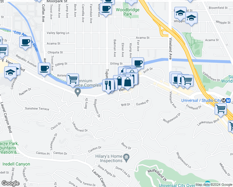 map of restaurants, bars, coffee shops, grocery stores, and more near 11354 Ventura Boulevard in Los Angeles