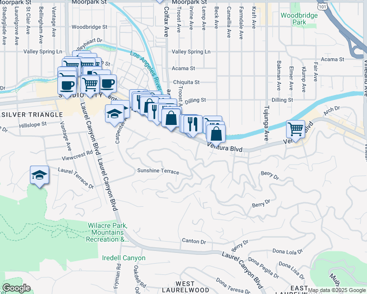 map of restaurants, bars, coffee shops, grocery stores, and more near 11667 Picturesque Drive in Los Angeles