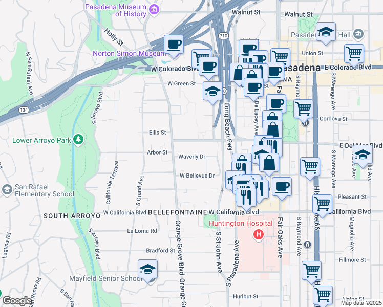 map of restaurants, bars, coffee shops, grocery stores, and more near 357 Waverly Drive in Pasadena