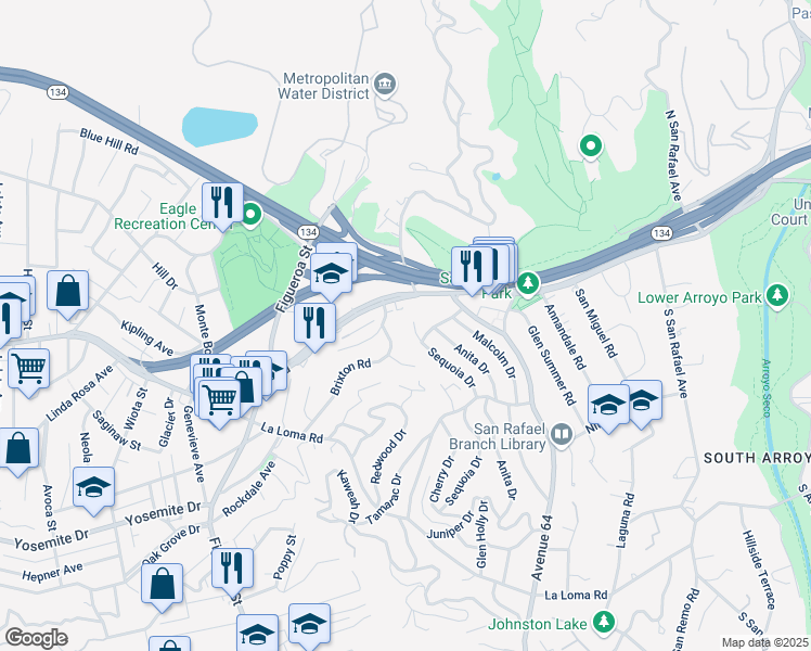 map of restaurants, bars, coffee shops, grocery stores, and more near 85 Sequoia Drive in Pasadena