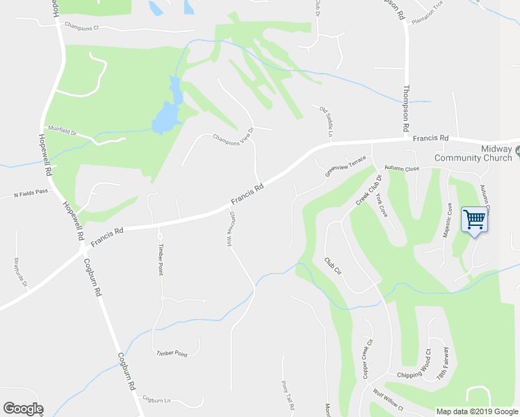 map of restaurants, bars, coffee shops, grocery stores, and more near 2940 Francis Road in Alpharetta