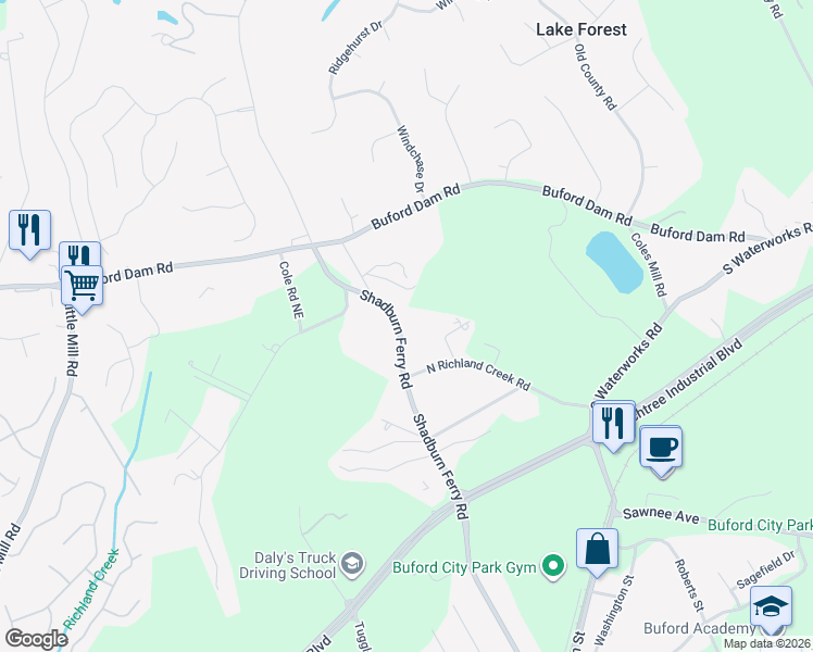 map of restaurants, bars, coffee shops, grocery stores, and more near 5551 Shadburn Ferry Road in Buford