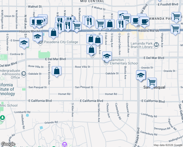 map of restaurants, bars, coffee shops, grocery stores, and more near 353 South Berkeley Avenue in Pasadena