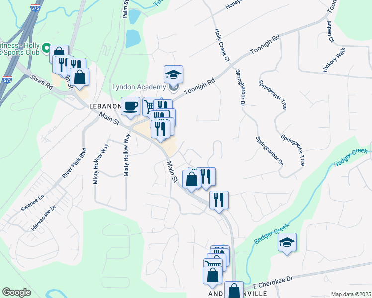 map of restaurants, bars, coffee shops, grocery stores, and more near 407 Red Coat Lane in Woodstock