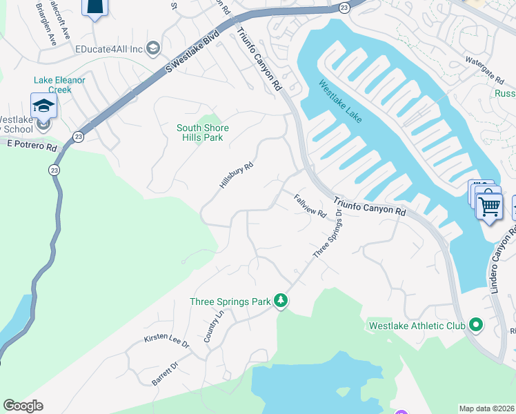 map of restaurants, bars, coffee shops, grocery stores, and more near 2213 Highgate Road in Westlake Village