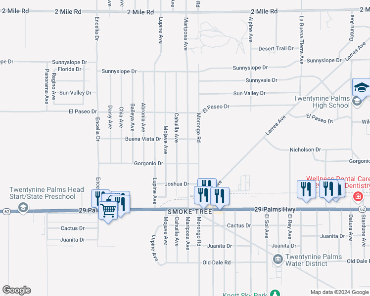 map of restaurants, bars, coffee shops, grocery stores, and more near 6238 Mariposa Avenue in Twentynine Palms