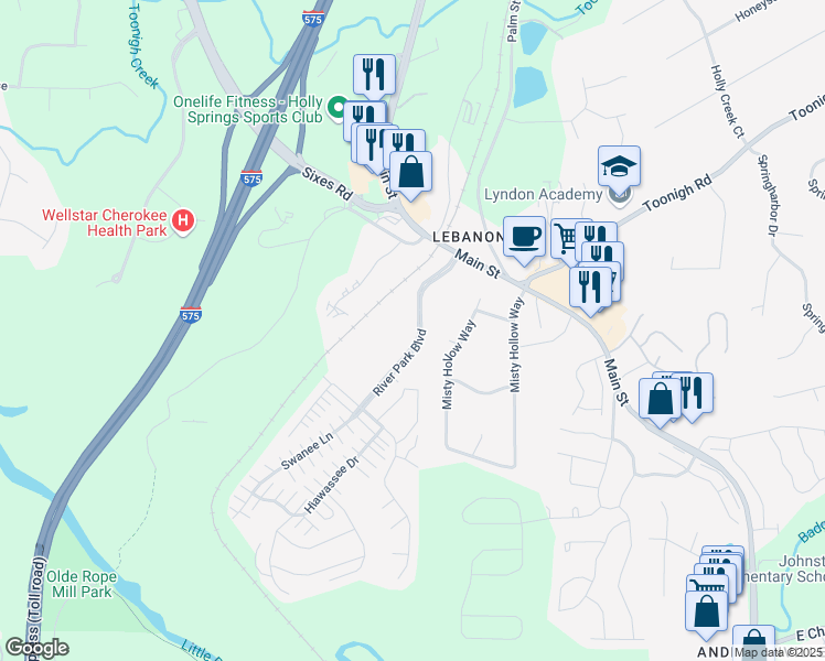 map of restaurants, bars, coffee shops, grocery stores, and more near 115 River Park Crossing in Woodstock