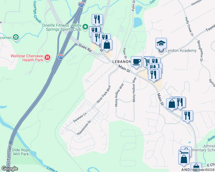 map of restaurants, bars, coffee shops, grocery stores, and more near 115 River Park Crossing in Woodstock
