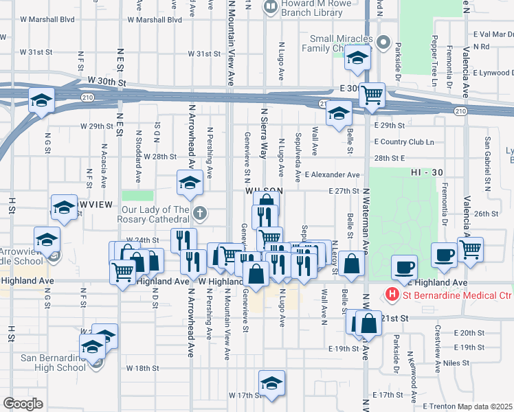 map of restaurants, bars, coffee shops, grocery stores, and more near 2618 North Sierra Way in San Bernardino