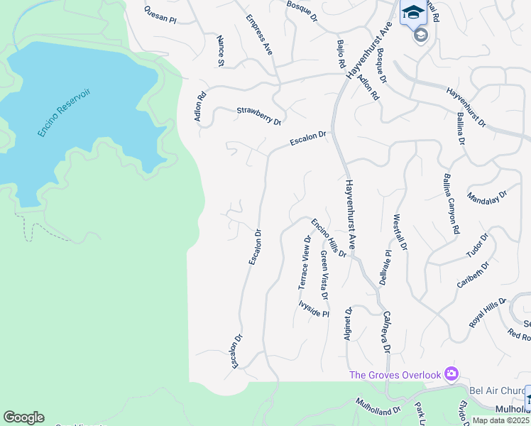 map of restaurants, bars, coffee shops, grocery stores, and more near 17012 Escalon Drive in Los Angeles
