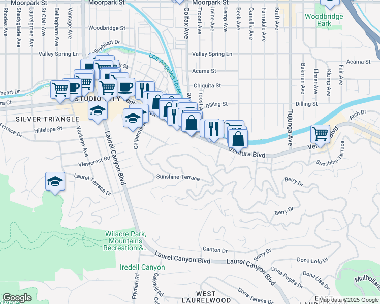 map of restaurants, bars, coffee shops, grocery stores, and more near 11725 Laurelwood Drive in Los Angeles