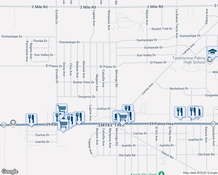 map of restaurants, bars, coffee shops, grocery stores, and more near 6238 Mariposa Avenue in Twentynine Palms