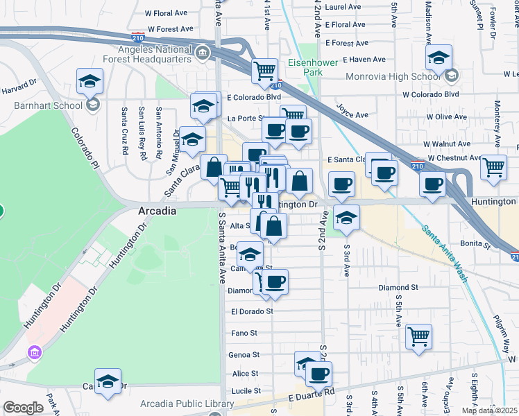 map of restaurants, bars, coffee shops, grocery stores, and more near 54 East Huntington Drive in Arcadia