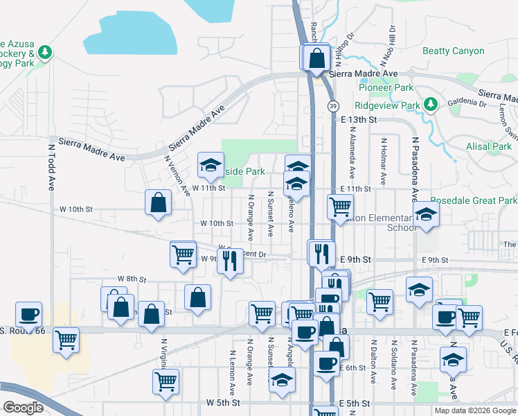 map of restaurants, bars, coffee shops, grocery stores, and more near 1022 North Orange Avenue in Azusa