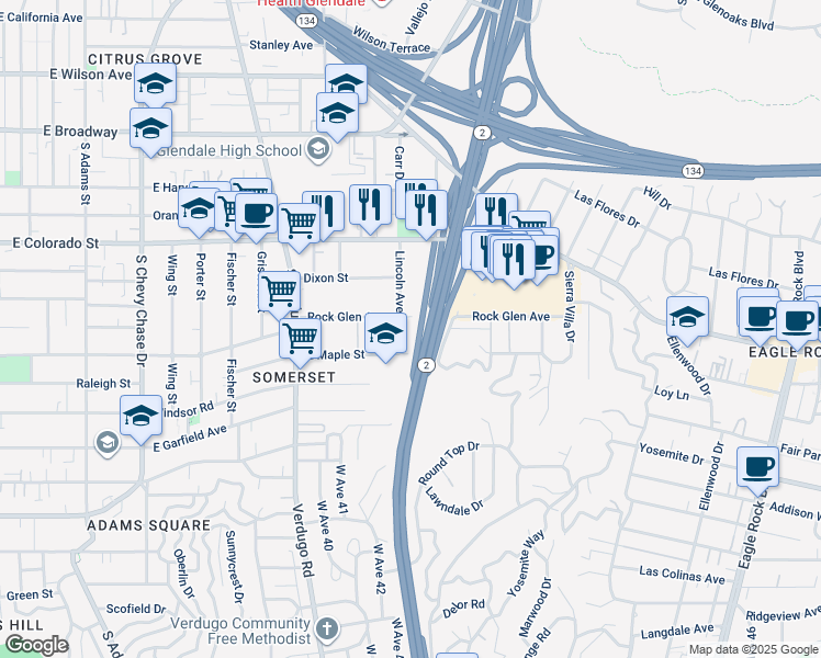 map of restaurants, bars, coffee shops, grocery stores, and more near 1606 Rock Glen Avenue in Glendale