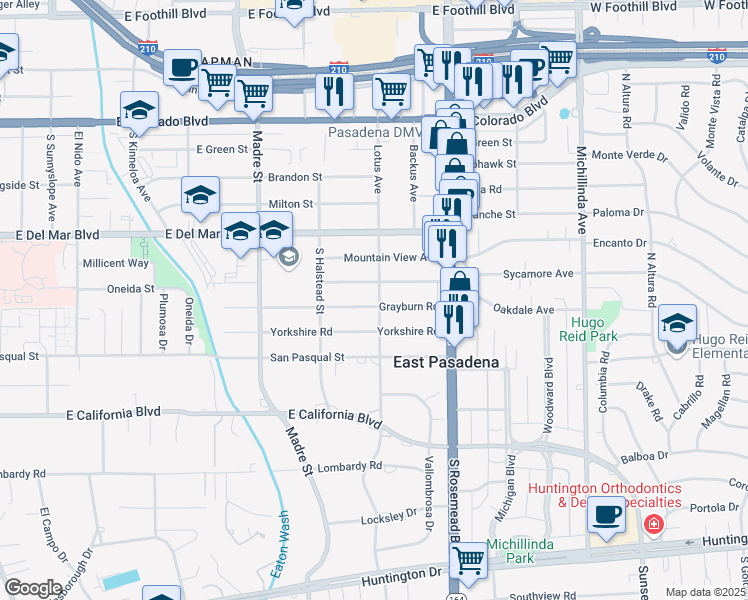 map of restaurants, bars, coffee shops, grocery stores, and more near 3595 Grayburn Road in Pasadena