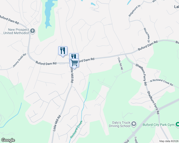 map of restaurants, bars, coffee shops, grocery stores, and more near 5680 Crest Hill Drive Northeast in Buford