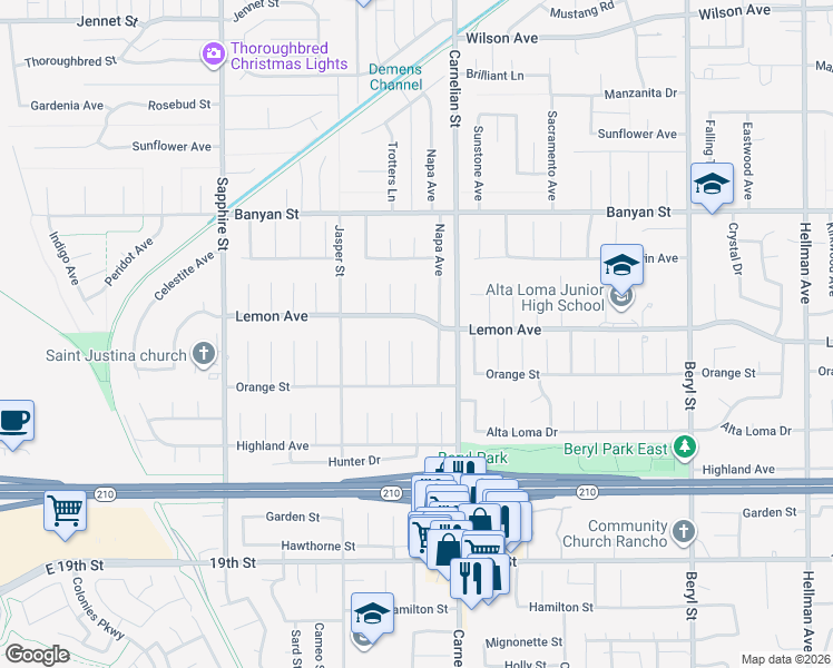 map of restaurants, bars, coffee shops, grocery stores, and more near 6315 Topaz Street in Rancho Cucamonga