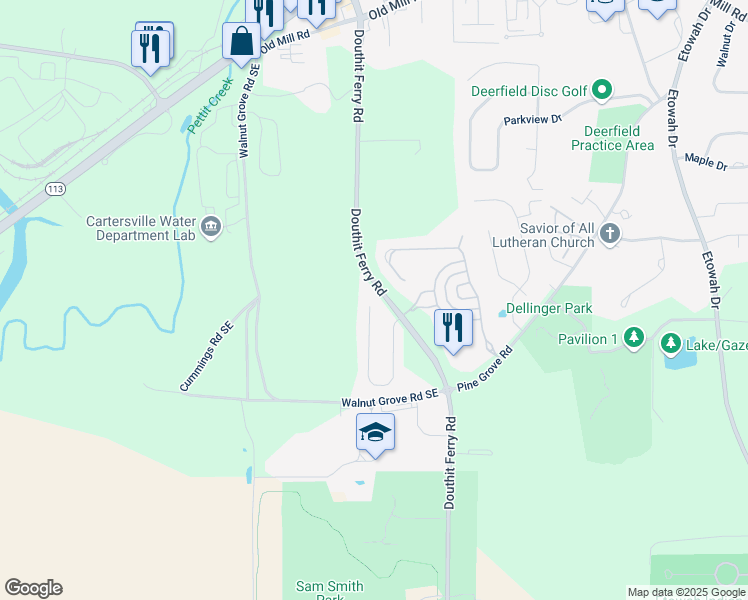 map of restaurants, bars, coffee shops, grocery stores, and more near 51 Carrington Drive in Cartersville