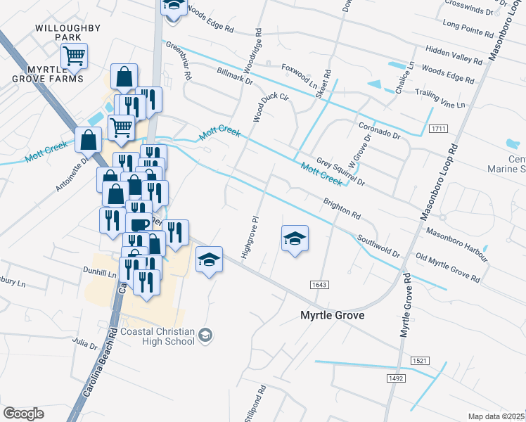 map of restaurants, bars, coffee shops, grocery stores, and more near 5737 Highgrove Place in Wilmington