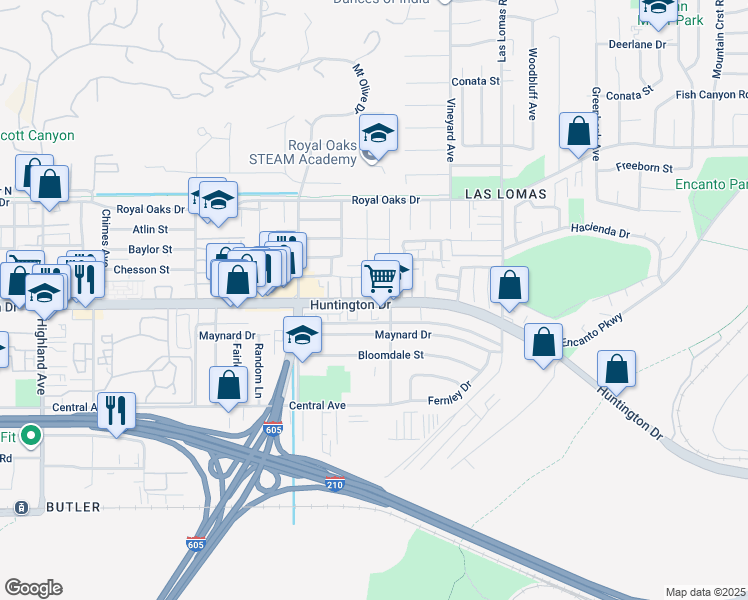 map of restaurants, bars, coffee shops, grocery stores, and more near 1107 Capri Court in Duarte