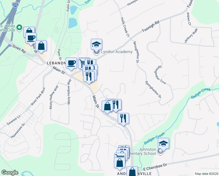 map of restaurants, bars, coffee shops, grocery stores, and more near 429 Red Coat Lane in Woodstock