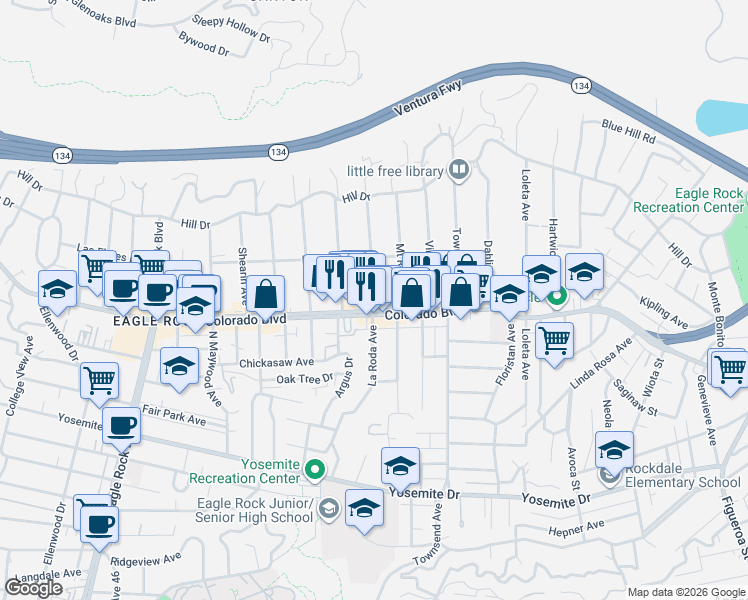 map of restaurants, bars, coffee shops, grocery stores, and more near 5110 La Roda Ave in Los Angeles