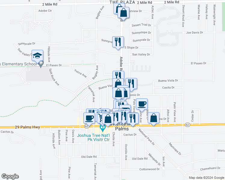 map of restaurants, bars, coffee shops, grocery stores, and more near 6264 Cholla Avenue in Twentynine Palms