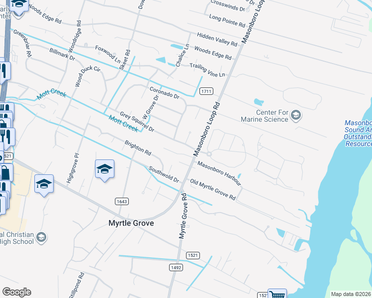 map of restaurants, bars, coffee shops, grocery stores, and more near 109 Barton Oaks Drive in Wilmington