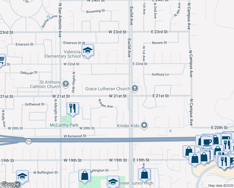 map of restaurants, bars, coffee shops, grocery stores, and more near 141 West 21st Street in Upland