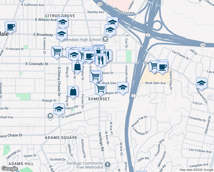 map of restaurants, bars, coffee shops, grocery stores, and more near 1422 Rock Glen Avenue in Glendale