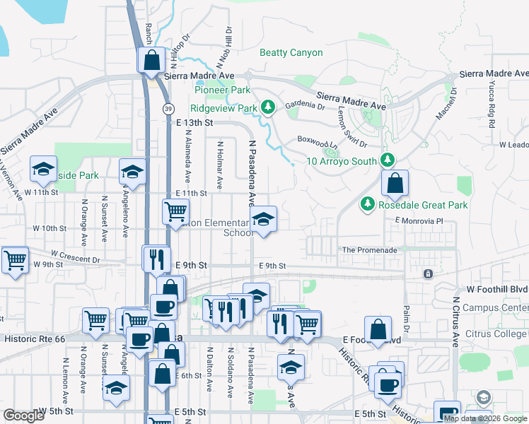 map of restaurants, bars, coffee shops, grocery stores, and more near 1025 North Old Mill Road in Azusa