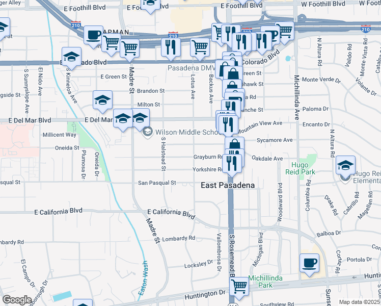 map of restaurants, bars, coffee shops, grocery stores, and more near 3595 Grayburn Road in Pasadena