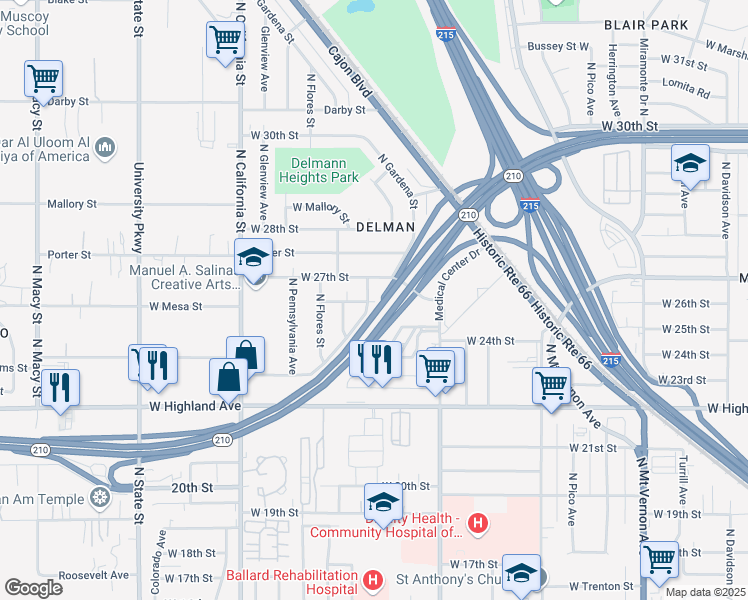 map of restaurants, bars, coffee shops, grocery stores, and more near 1053 North Madison Street in San Bernardino