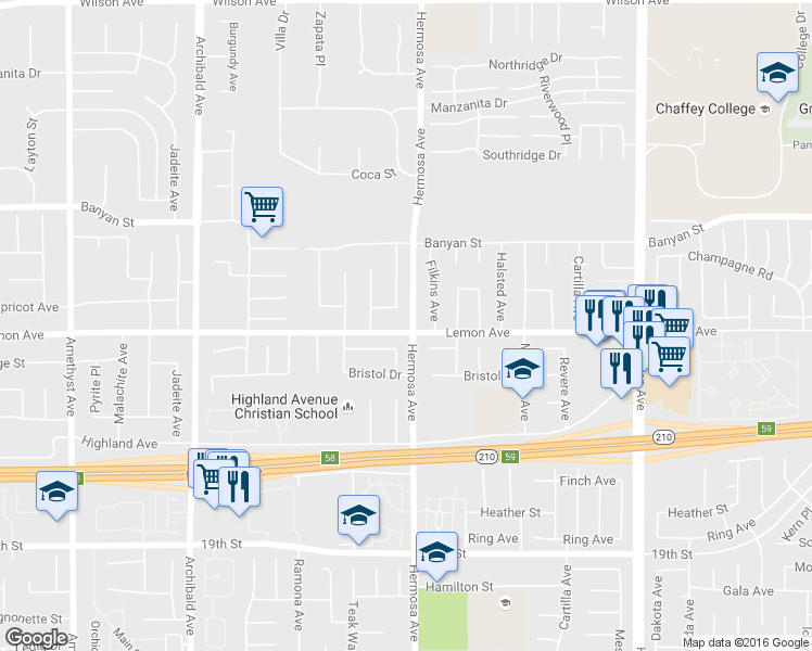 map of restaurants, bars, coffee shops, grocery stores, and more near 10086 Lemon Avenue in Rancho Cucamonga