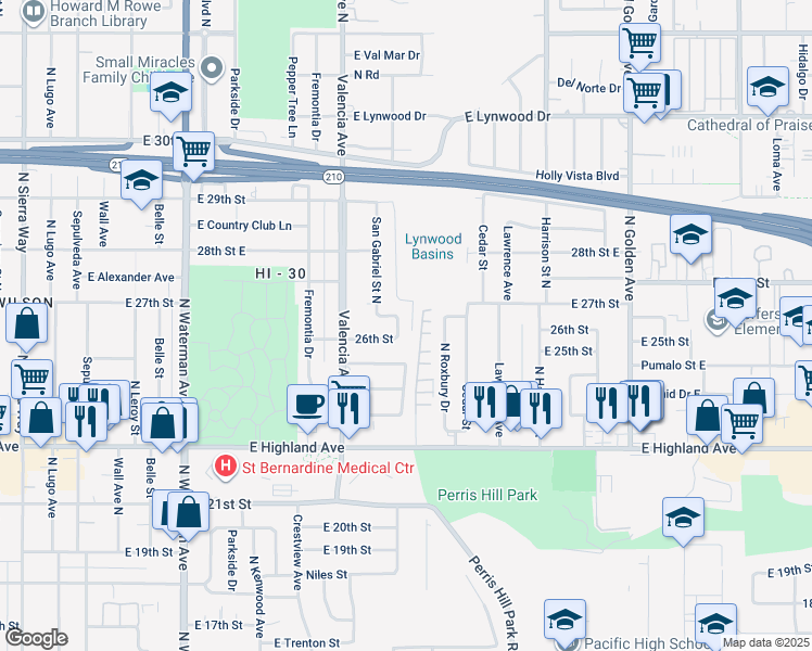 map of restaurants, bars, coffee shops, grocery stores, and more near 2665 La Veta Street in San Bernardino