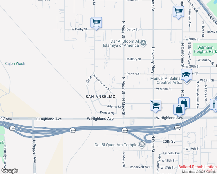 map of restaurants, bars, coffee shops, grocery stores, and more near 2611 San Anselmo Avenue in San Bernardino