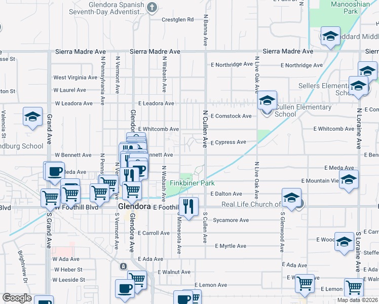 map of restaurants, bars, coffee shops, grocery stores, and more near 416 East Bougainvillea Lane in Glendora
