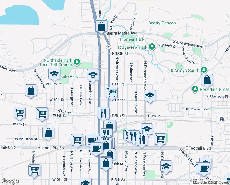 map of restaurants, bars, coffee shops, grocery stores, and more near 1026 North Alameda Avenue in Azusa