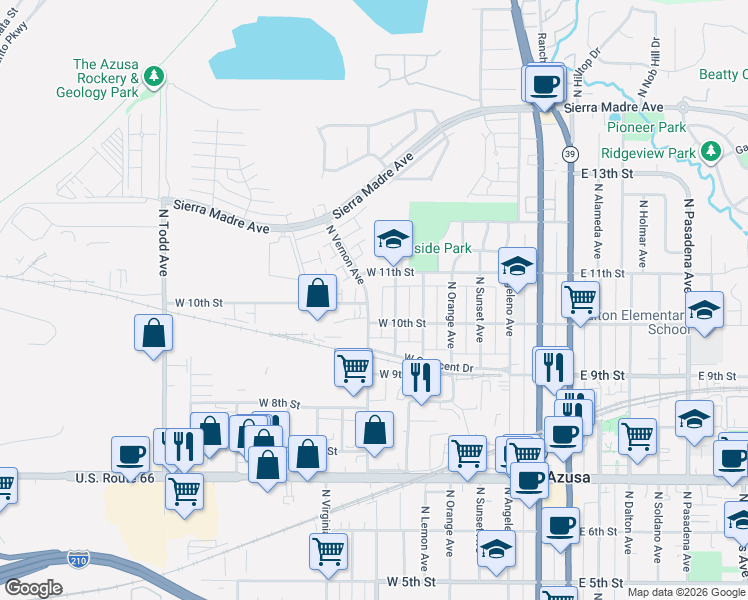 map of restaurants, bars, coffee shops, grocery stores, and more near 1028 North Vernon Avenue in Azusa