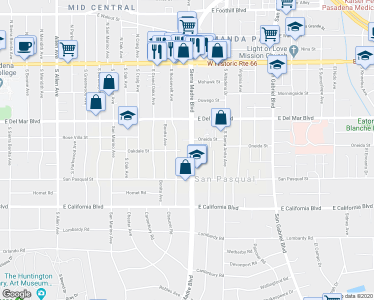 map of restaurants, bars, coffee shops, grocery stores, and more near 2321 Oakdale Street in Pasadena