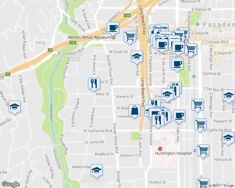 map of restaurants, bars, coffee shops, grocery stores, and more near 357 Waverly Drive in Pasadena