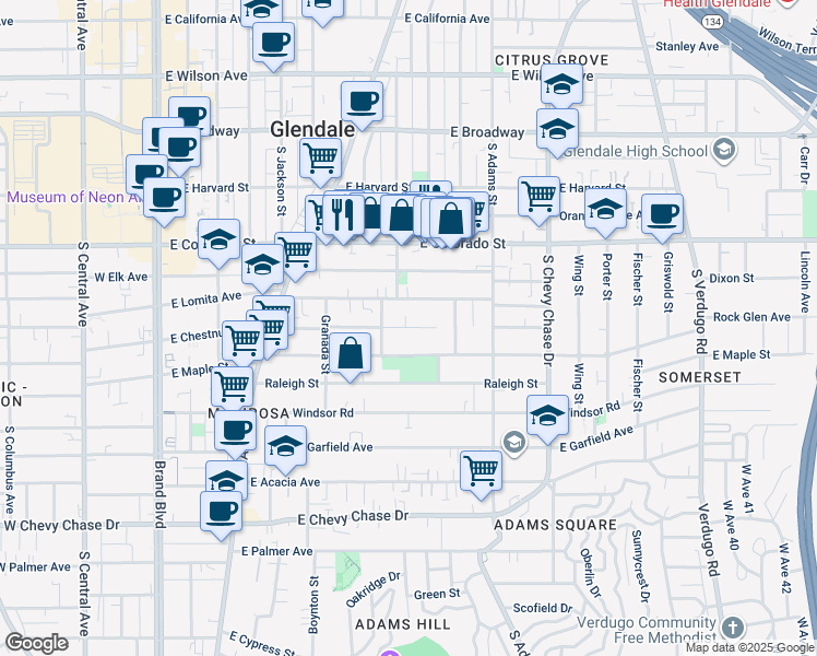 map of restaurants, bars, coffee shops, grocery stores, and more near 809 East Chestnut Street in Glendale