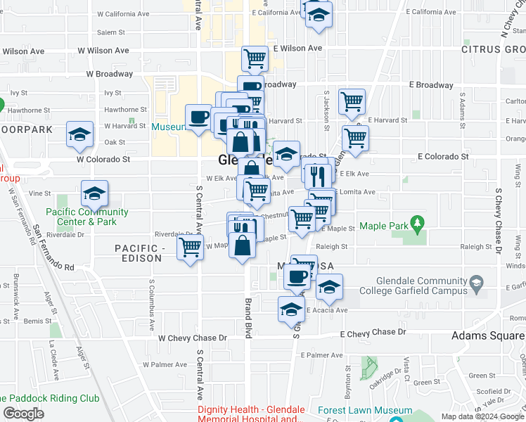 map of restaurants, bars, coffee shops, grocery stores, and more near 115 East Chestnut Street in Glendale