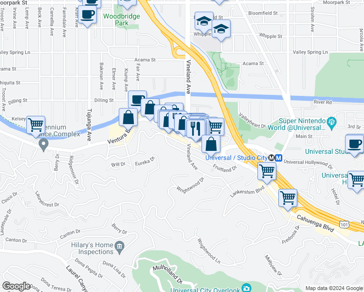 map of restaurants, bars, coffee shops, grocery stores, and more near 11023 Fruitland Drive in Los Angeles