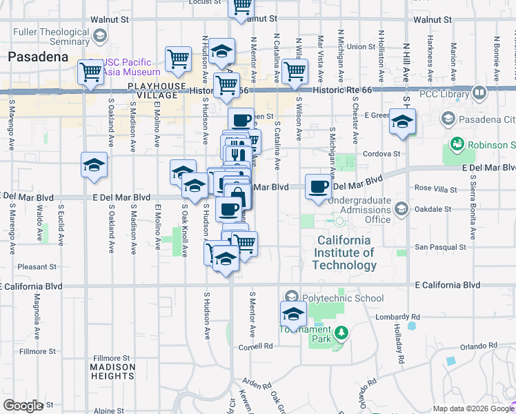 map of restaurants, bars, coffee shops, grocery stores, and more near 330 South Mentor Avenue in Pasadena