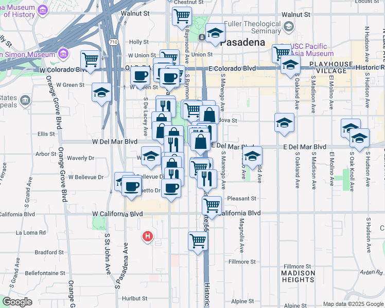 map of restaurants, bars, coffee shops, grocery stores, and more near 361 South Raymond Avenue in Pasadena
